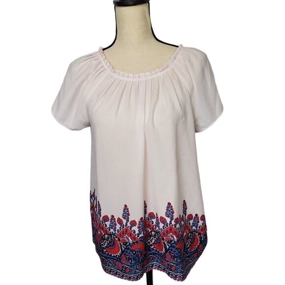 LOFT Tops - Loft Pleated Pink Floral Peasant Top Petite